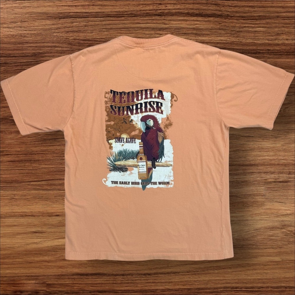 Joe Marlin Tequila Sunrise T-Shirt Mens‎ L Orange Parrot Graphic Early Bird Worm